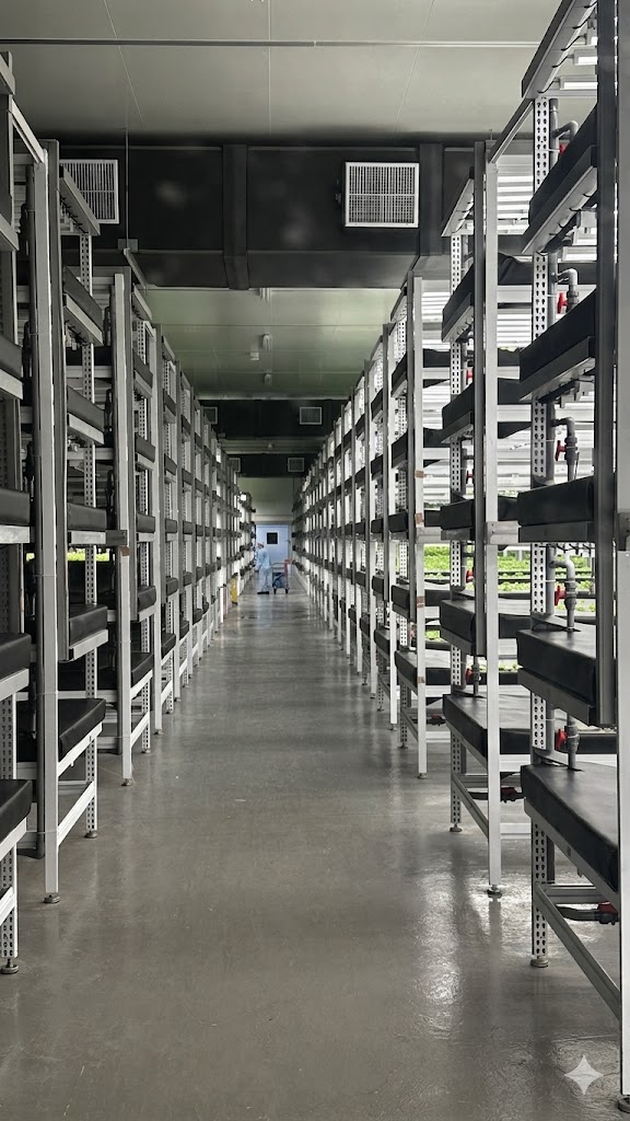 中壢示範廠智慧栽培架走道 — 環控設備與多層栽培系統整合